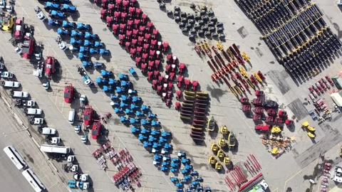 Aerial top down view of agricultural machinery parking Stock Footage 341918607