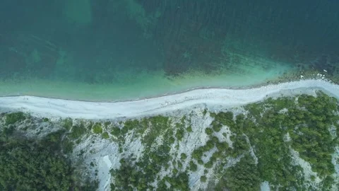 Aerial top down view of an amazing seaside with turquoise water and green forest Video stock 251726388