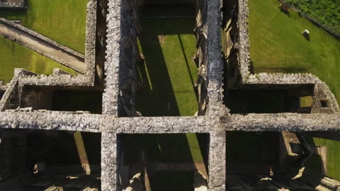 Aerial top down view of ancient castle ruins Stock Footage 336775079