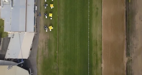 Aerial top down view and tilt of rockhampton racecourse and river Stock Footage 97422582