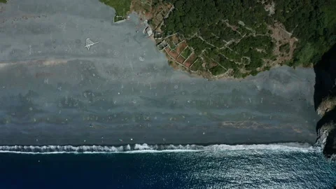 Aerial top down view - ascending - of a beach with symbols Stock Footage 172436759