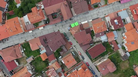 Aerial top down view of Bansko town and red tiled roofs in Bulgaria Stock Footage 343647184
