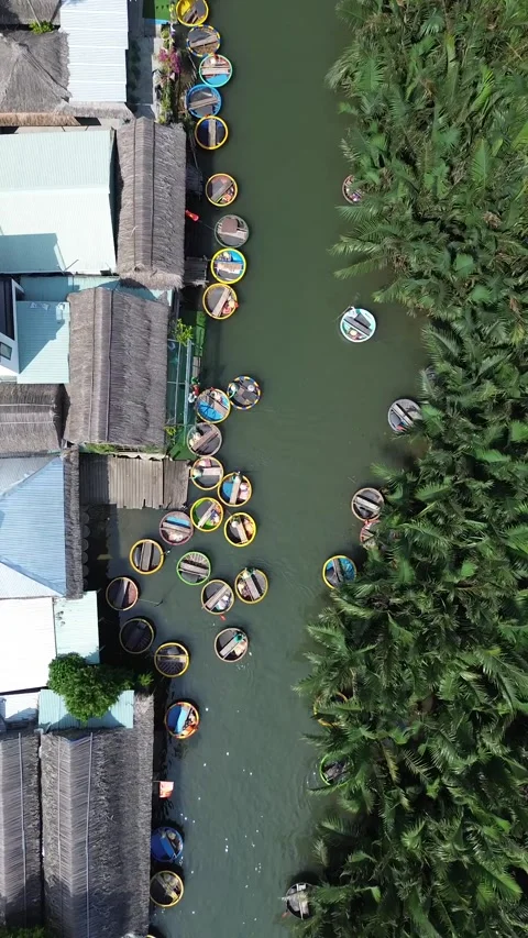 Aerial Top-Down View of Basket Boats in Hoi An, Vietnam – April 23, 2023 Stock Footage 313123293