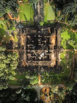 Aerial Top-Down View Of Bayon Temple Complex, Angkor Thom, Cambodia Stock Photos