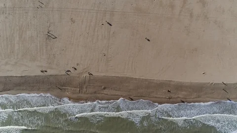 Aerial top down view of beach during spring with people walking over shoreline Stock Footage 120670573