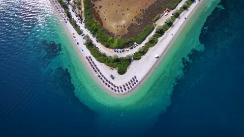 Aerial top down view of the beach at Agios Dimitrios, Alonissos island Stock Footage 261189693