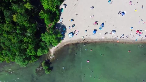 Aerial top down view of beachgoers on a summer day Stock Footage 260824423
