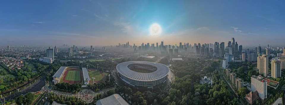 Aerial top down view of the Beautiful scenery of Senayan Stadium. Stock Photos