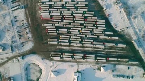 Aerial top down view: Big queue of trucks. Truck sump. HD Видео 104617468