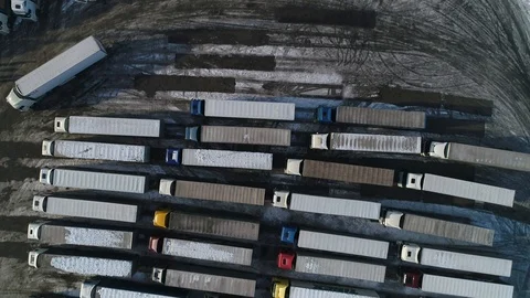 Aerial top down view: Big queue of trucks. Truck sump. HD Видео 104618025