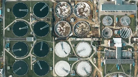 Aerial top down view a big water treatment plant Stock Footage 141398988