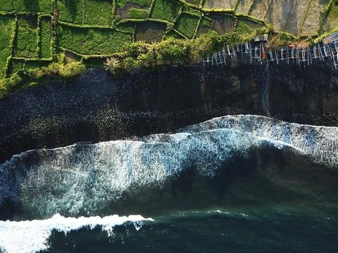Aerial Top-Down View of Black Sand Beach and Tropical Rice Paddies Stock Photos