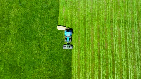 Aerial Top Down View of Blue Tractor Mowing Green Grass Field Stock Footage 336709026