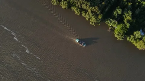 Aerial top down view of boat with wood navigating river at sunset Stock Footage 151704549