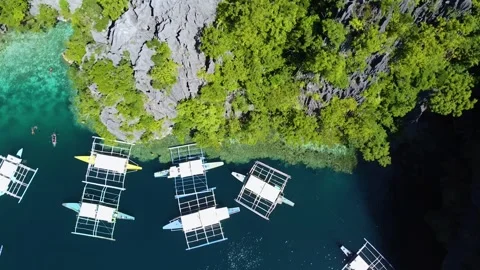Aerial top down view of boats in twin lagoon, coron, philippines Video stock 342576192