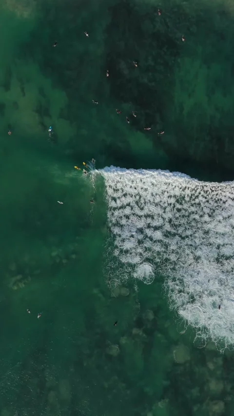 Aerial Top-Down View of a Breaking Wave with Surfers, Bali Stock Footage 339784565