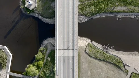 Aerial Top-Down View of Bridge Crossing Island and River Stock Footage 111425692