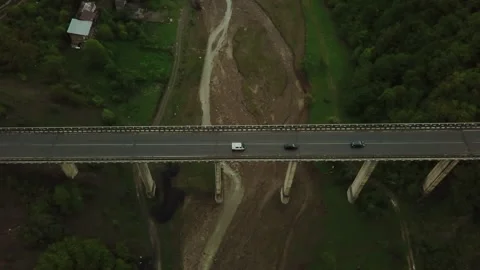 Aerial top down view of bridge over dried Aragvi river near Ananuri Fortress Stock Footage 172120478