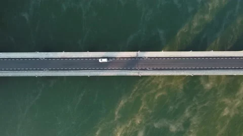 Aerial Top Down View Bridge with Morning Fog on River - 4K Видео 201292992