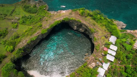 Aerial top down view of Broken beach in Bali. Tropical high cliffs with crystal Stock Footage 240419334