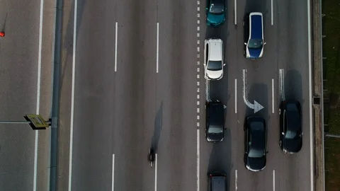 Aerial top down view of a busy highway during rush hour. Stock Footage 129861753