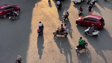 Aerial top down view of the busy traffic vehicles in Hanoi, Vietnam 4K Stock Footage 245912790