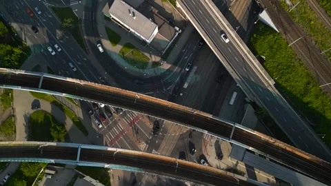 Aerial top down view of a busy urban intersection with multiple elevated ro.. Stock Footage 311643865