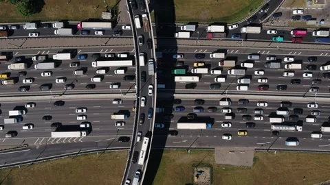 Aerial top-down view of busy multilane traffic flow Stock Footage 321370446