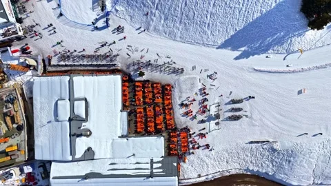 Aerial Top-Down View of Busy Alpine Ski Resort Terrace Schöneben Austria in Stock Footage 333324044