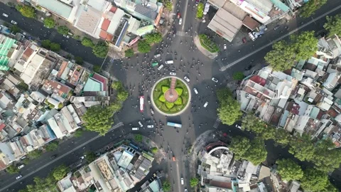 Aerial Top Down View of Busy Roundabout Traffic in Ho Chi Minh City, Vietnam Stock Footage 335575570