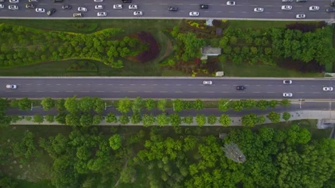 Aerial Top-Down View of Busy Highway Flanked by Lush Green Parks Stock Footage 337419909