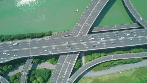 Aerial top down view with camera rotation of a highway overpass multilevel Stock-Footage 166210626