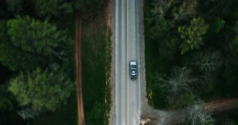 Aerial Top Down View of Car Driving Down Empty Forest Road Surrounded by Stock Footage 229394082