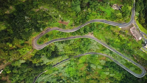 Aerial top down view of car on a winding mountain road in Madeira Vídeos de archivo 328639049