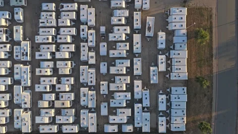 Aerial top down view of caravan storage facility Video stock 342809065