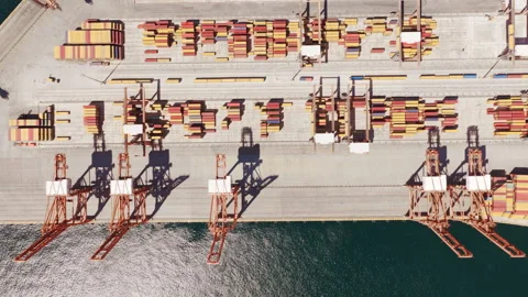 Aerial top down view of cargo containers loading at the industrial port terminal Stock Footage 345007082