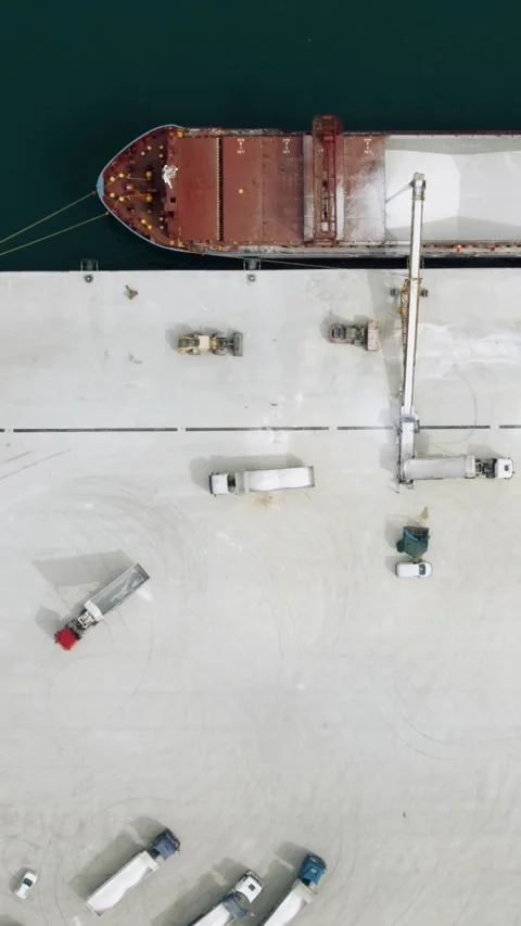 Aerial Top Down View of Cargo Ship Loading at Port Stock Footage 345828130