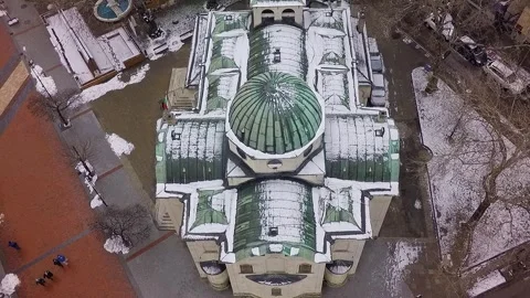 Aerial top down view of cathedral in winter Stock Footage 345448756