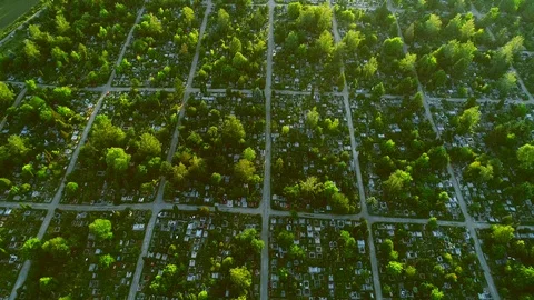 Aerial top down view of cemetery also called graveyard, a place where the Stock Footage 113069288