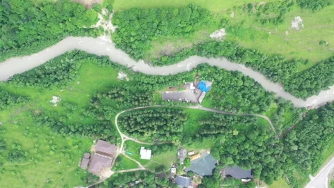 Aerial top-down view of the Cherek River and Blue Lakes, Caucasus Stock Footage 338015123