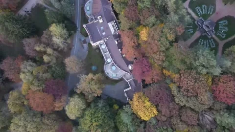 Aerial top-down view of the Chess House hotel in Kislovodsk Park Video stock 338054303
