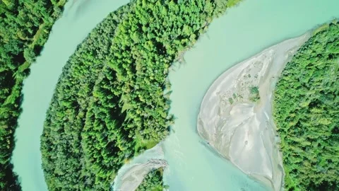 Aerial top down view of Chuya river curves and dense green forest. Amazing Stock Footage 209177810