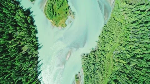 Aerial top down view of Chuya river curves and dense green forest. Amazing Stock-Footage 209177818