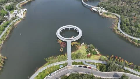 Aerial Top-Down View of Circular Ring Walkway on Lake, Xiamen China Stock Photos