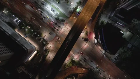 Aerial Top Down View of City Traffic at Night in Bangkok, Thailand Stock Footage 333598125