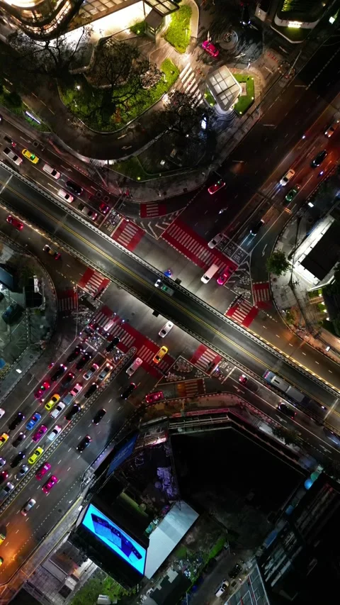 Aerial Top Down View of City Traffic Intersection in Bangkok, Thailand Stock Footage 333599101