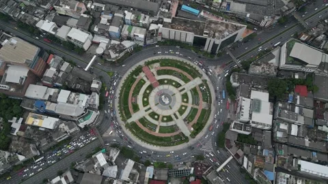 Aerial Top Down View of City Traffic Roundabout in Bangkok, Thailand Stock Footage 334781112