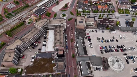 Aerial top-down view of city center traffic and infrastructure Stock Footage 335064473