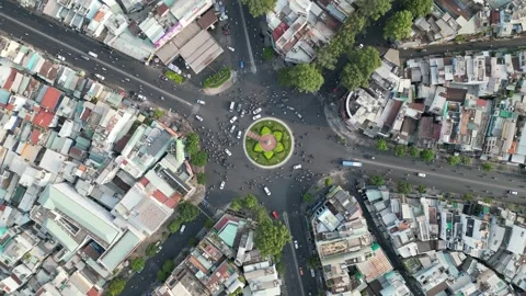 Aerial Top Down View of City Roundabout Traffic in Ho Chi Minh City, Vietnam Stock Footage 335574559