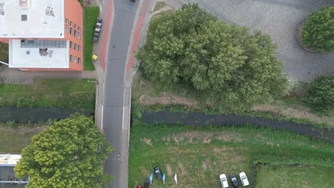 Aerial top down view of city buildings and parking lots near Bremen Germany Stockbeeldmateriaal 336858269